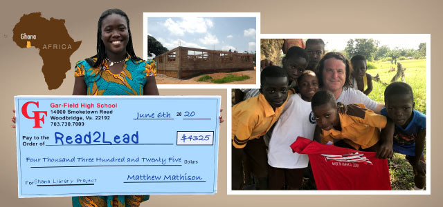 Map of Africa. Samantha Boateng standing with Read 2 Lead donation check. Make adult with 7 young children.