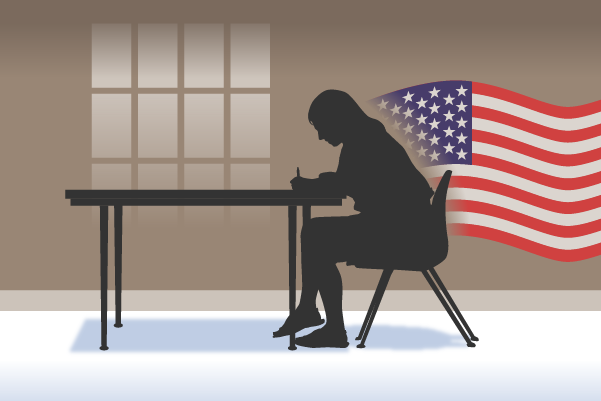 shadow image of a person sitting at a desk writing with color US flag flying behind them