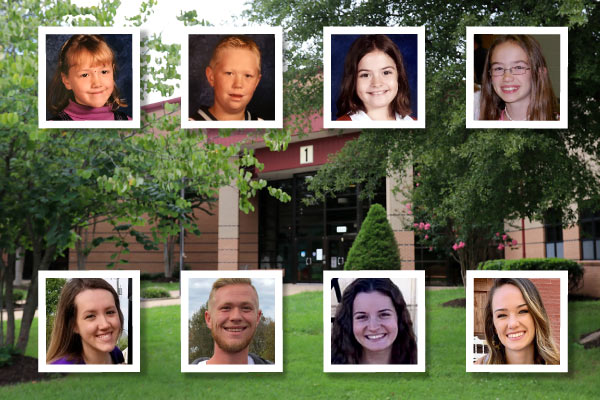 Entrance of Bennett ES. Photos of each of the four teachers today and when they were younger.