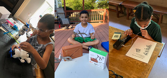 Two female students working on STEM projects at a table. Male student working on a STEM project outside on deck.