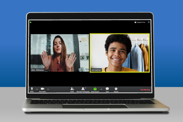 Teacher and student video conferencing screens on laptop