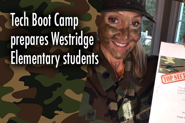 Tech Boot Camp prepares Westridge Elementary students; image of a teacher with camouflage holding a top secret letter