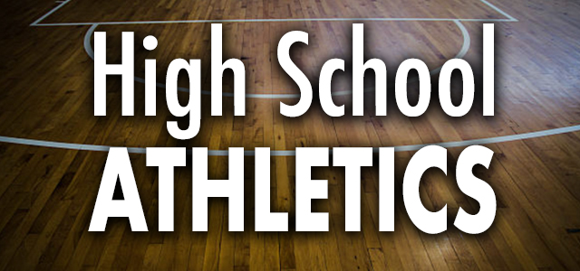 Basketball court. Text reads "High School Athletics."