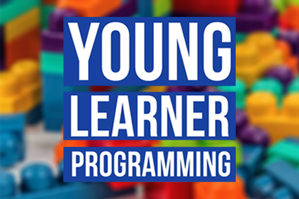 graphic with words "young learner programming" on a colorful boxed background