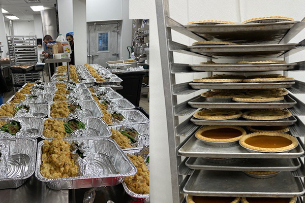 Racks of pumpkin pies and foil containers filled with food