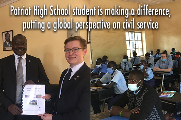 side-by-side images of Patriot High School student Kyle Thaller in South Sudan shaking hands with govt official and in a classroom with face covering