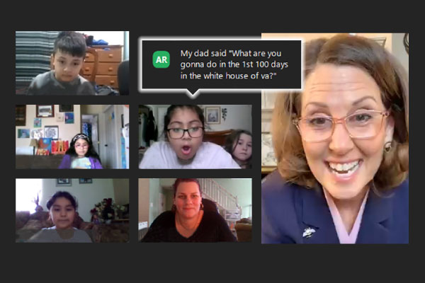 screenshot of Kilby elementary students' virtual meeting with Virginia First Lady Pamela Northam