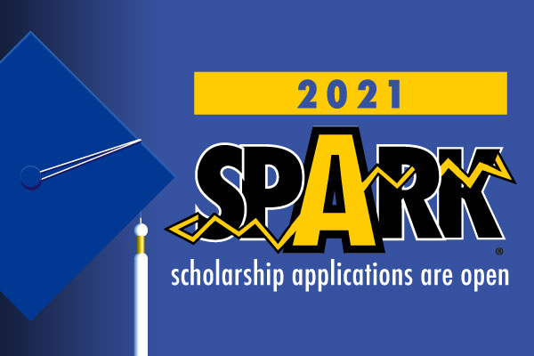 Graduation cap and SPARK logo; text reads "2021 SPARK scholarship applications are open