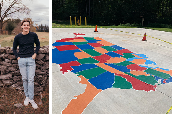 Christian Egan pictured next to map at Lake Ridge ES