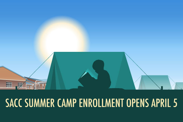 shadow image of young person reading seen through a tent at night and the words SACC summer camp enrollment opens April 5