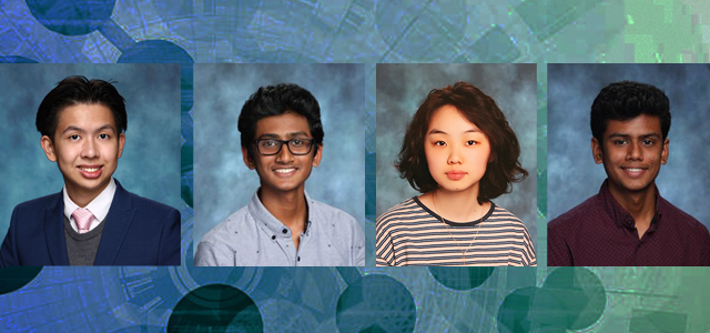 photo collage of the 2021 science fair grand prize winners: Agnes Cho, Khoi Nguyen, Anish and Ashish Pothireddy