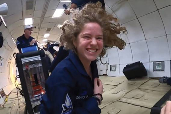 Eleanor Sigrest in an airplane during a parabolic flight