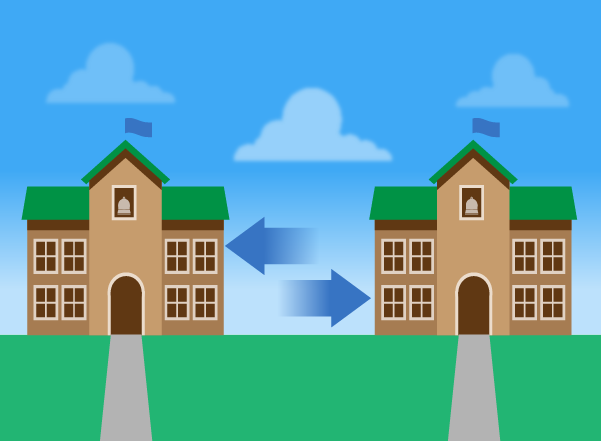 cartoon like image of two schools side-to-side with two back and forth arrows in between
