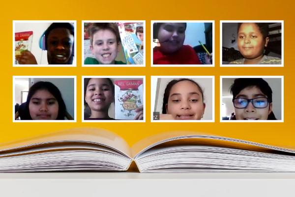 A book image over which is a collection of Zoom pictures of students in a book club above