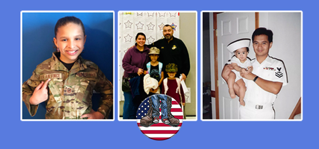 panel of three pictures - a girl dressed in an Air Force uniforn; a Marine family picture; and a Navy personnel holding a baby wearing a sailor's hat