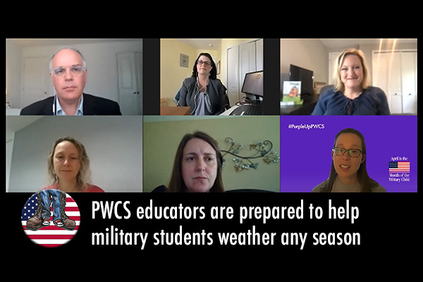 Screenshot of video conference with six attendees with the text: PWCS educators are prepared to help military students weather any season