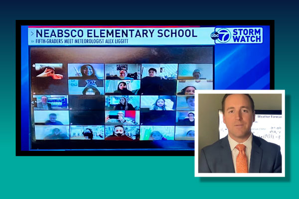 Screenshot of WJLA meteorologist Alex Liggitt participating in a Zoom with Neabsco Elementary School fifth-grade students