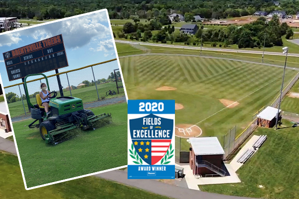 Female student on a tractor and baseball field. Fields of Excellence logo.