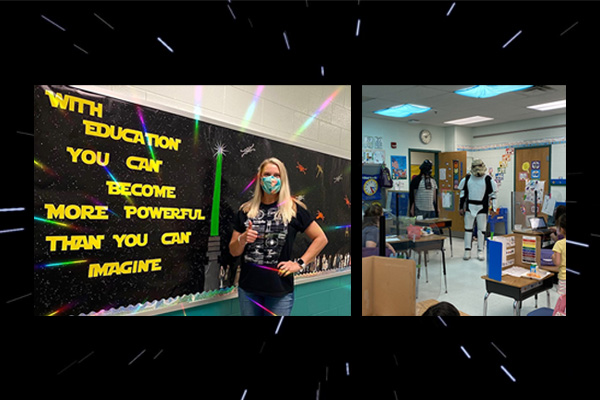 Teacher in front of bulletin board, principal and assistant principal in Star Wars costume