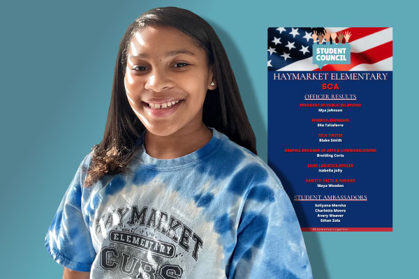 headshot photo of Haymarket Elementary School fifth grader Mya Johnson next to red, white, and blue ballot sign listing the names of the elected student council officers