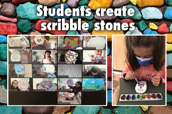 Painted stone background. Children holding their painted stones. One child painting stone.