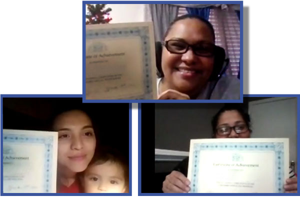 Three parents pictured holding certificates from Parents as Educational Partners program