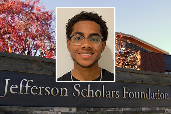 Headshot of Syrell Grier in front of Jefferson Scholars Foundation sign