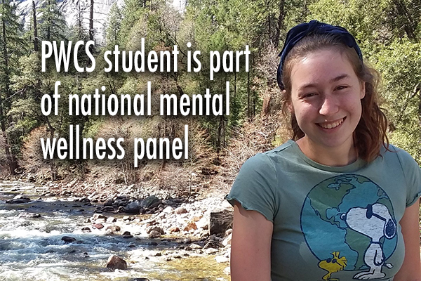 Photo of graduating senior Gabrielle Carter outdoors with the scene of a stream and trees at a park in the background and the wording, "PWCS student on national mental wellness panel"