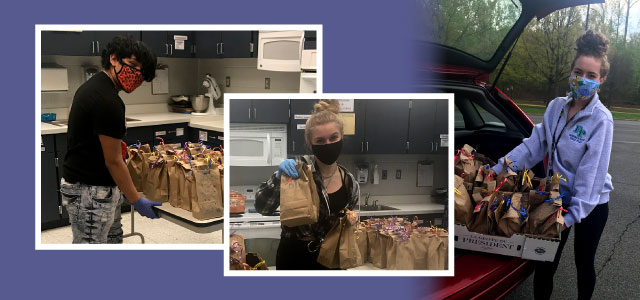 Three students with brown paper bags packed up