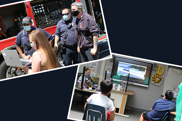 Firefighters with student and laptop, students watching screen in classrooms