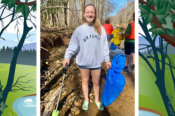 A three panel image of trees in nature, with the two outside panels in a colorful drawn format and the center on a photo of a smiling teen girl standing in a dry creek bed holding a metal stick for trash pick up and a bright blue trash bag
