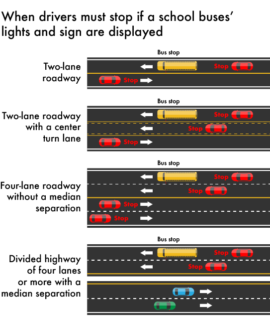 Graphic description of when cars must stop if bus lights are on