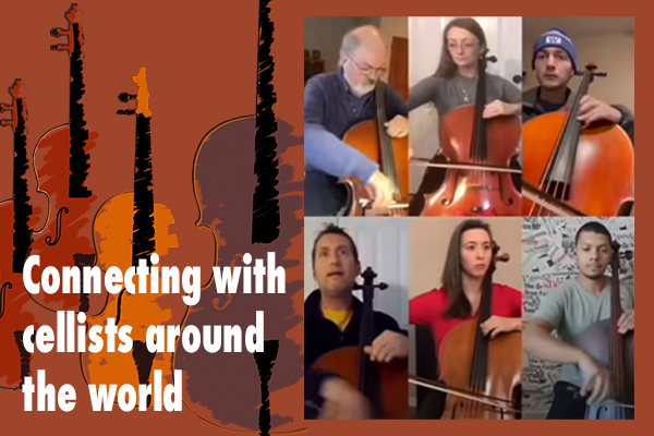 Six people playing cellos with the text: Connecting cellists around the world