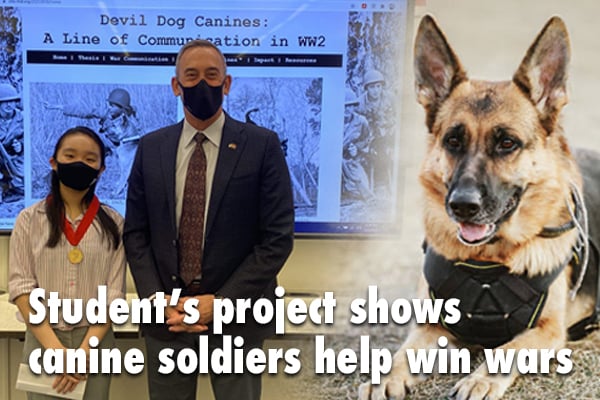 photo of Porter Traditional School student Julienne Lim standing with Marine Corps official, both masked, as she receives her award, separate headshot photo of a German Shepherd