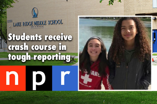 Smiling faces of students Zoe Mendis on left and Alessia Matory on right in the outdoors and the text: Students receive crash course in tough reporting