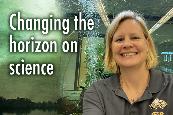 smiling face photo of Freedom High School teacher Dr. Jessica Doiron with the text changing the horizon on science