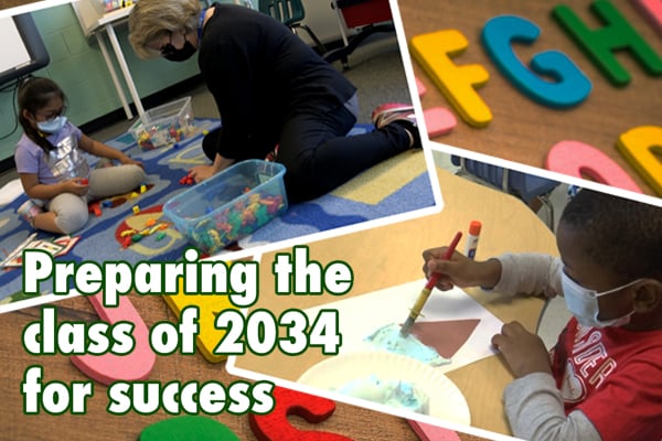 Collage of photos from elementary school classrooms with the text: Preparing the class of 2034 for success