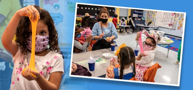 Collage of photos of Vaughan Elementary School students playing with slime