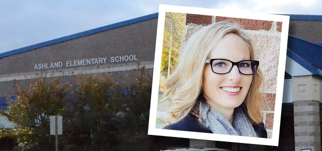 Ashland Elementary School in background. Headshot of Anna Houseworth covering part of school building.