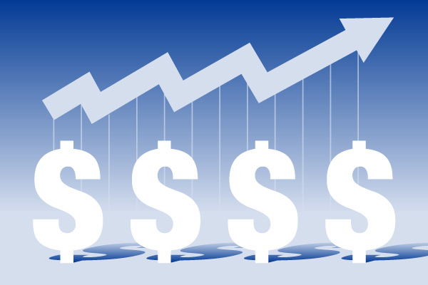 Dollar signs with upward trending arrow on blue background