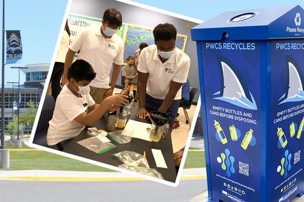 Collage of photos of Colgan High School students and a recycling bin