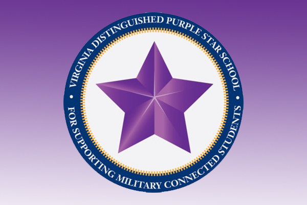 Virginia distinguished purple star school for supporting military connected students. Purple star logo. 
