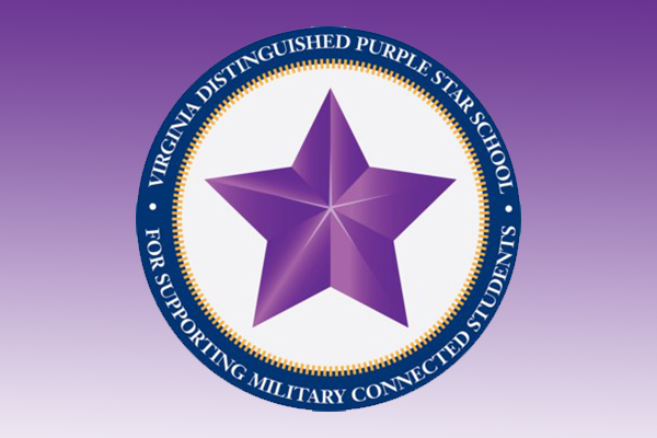 Virginia distinguished purple star school for supporting military connected students. Purple star logo.