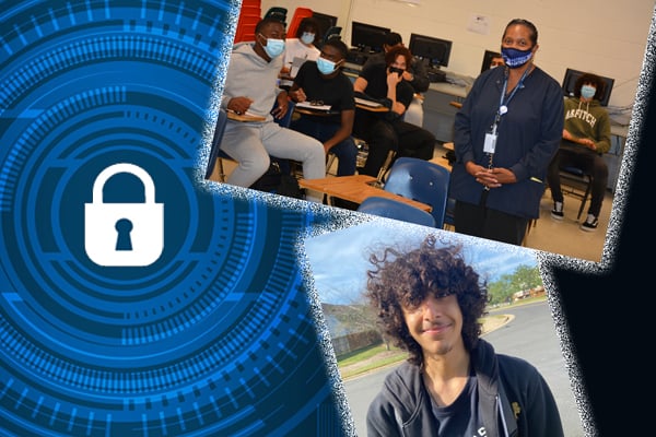 Natalie Walden, CTE Cybersecurity teacher (standing) and several students (sitting) in a classroom at Potomac High School