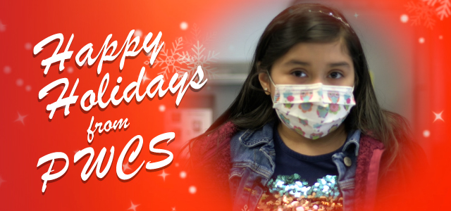 Elementary school student surrounded by a red background with snowflakes with the text: Happy Holidays from PWCS
