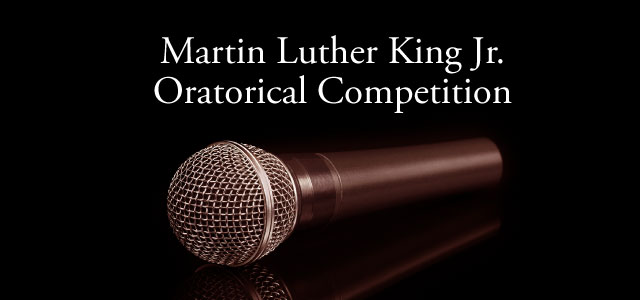 Dark background graphic with an up close image of a microphone in center and the words "Martin Luther King Jr. Oratorical Competition"