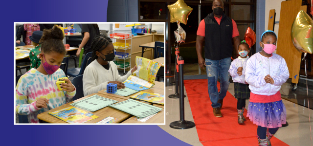 Collage of photos of Old Bridge Elementary School students sitting at desks in a classroom and walking a red carpet