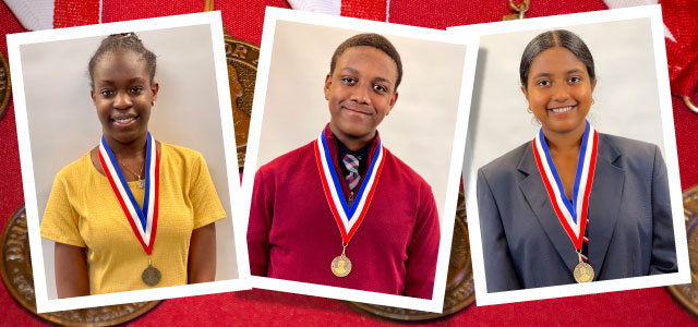 Three PWCS students wearing ribbons they won during the 2022 Martin Luther King Jr. Youth Oratorical Competition and Program