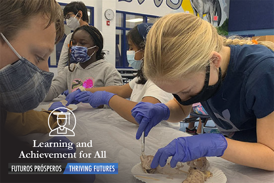 photo of several middle school students wearing face masks and purple surgical gloves facing the brain dissection science lab experiment, image bears the text Learning and Achievement for All, Aprendizaje y logros para todos (Spanish)