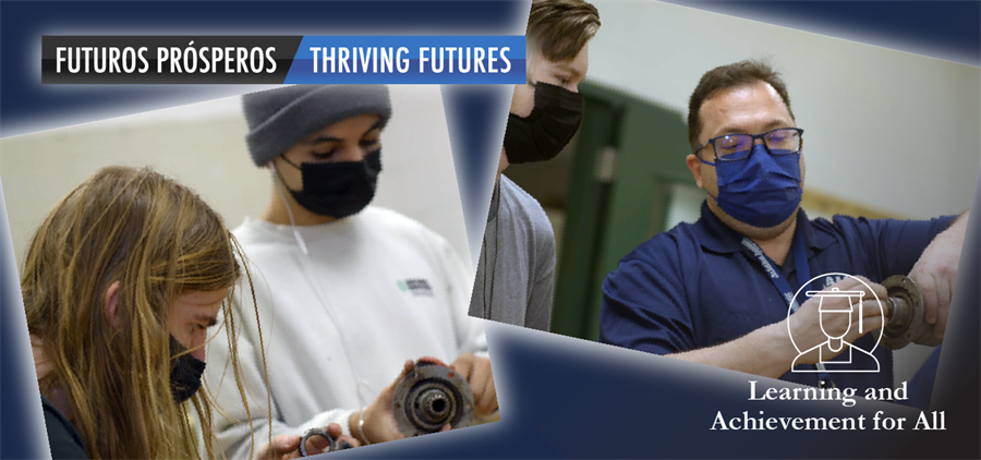 Collage of photos of an aviation maintenance teacher and high school students